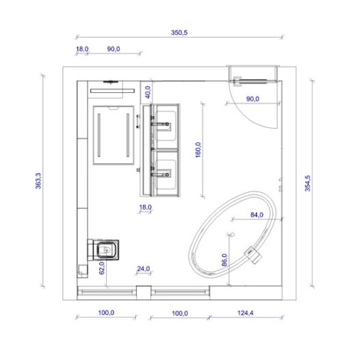 Badezimmer-Grundriss mit Maßen und Einrichtungsdetails.