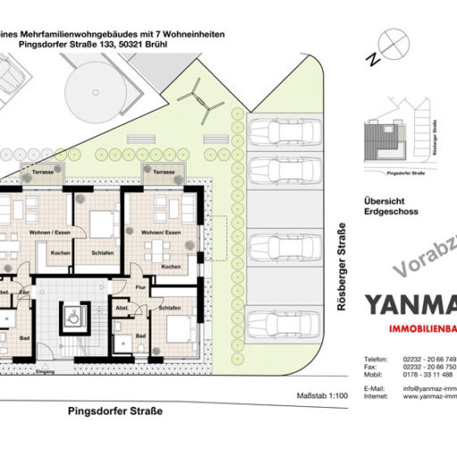 Grundriss Neubauwohnungen, Erdgeschoss, Brühl, Übersichtsplan.