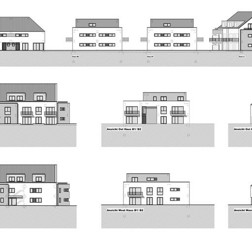 Gebäudeansichten in verschiedenen Perspektiven gezeichnet.